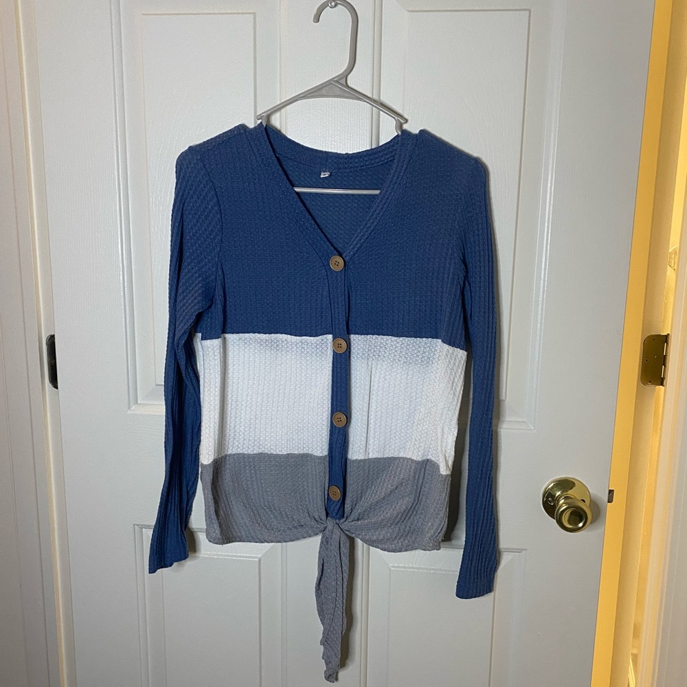 Blue/Gray/white striped lightweight shirt. Perfect for spring!